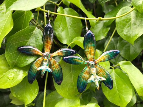 CTO (custom order) Staurochilus Fasciatus BENGAL Tiger Orchid Jewelry Earring GREEN JADE