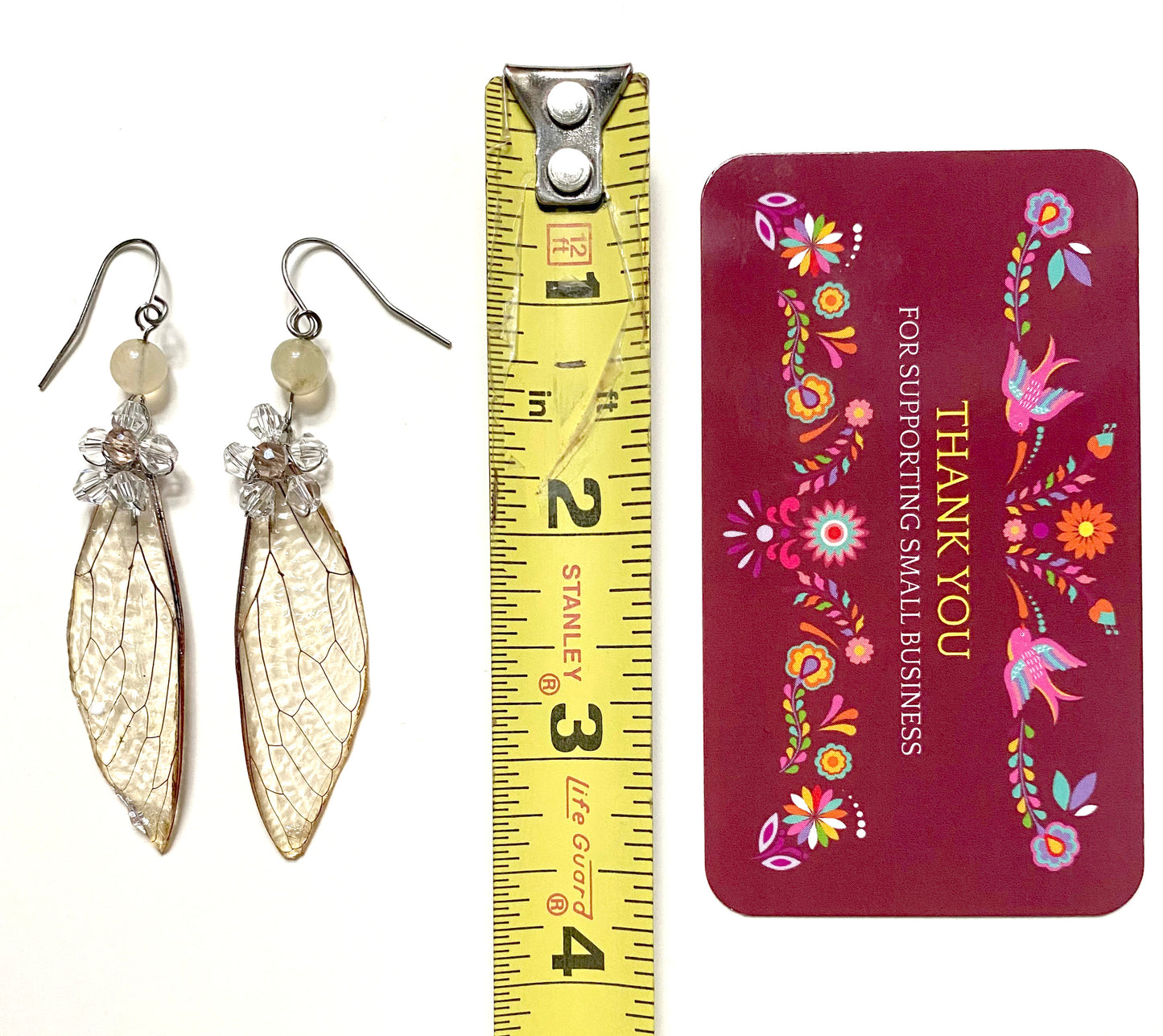 Real Cicadas FAIRY WINGS Earring - Crystal Glass Flower Quartz Stone Stainless Steel