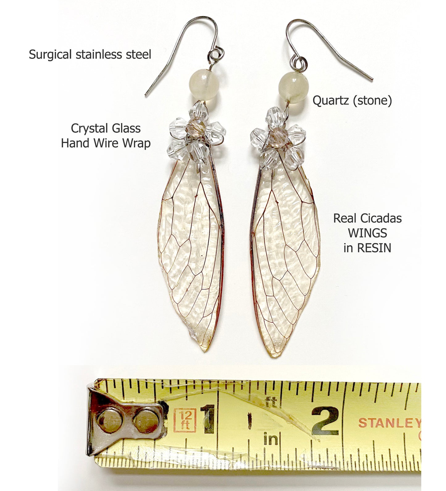 Real Cicadas FAIRY WINGS Earring - Crystal Glass Flower Quartz Stone Stainless Steel